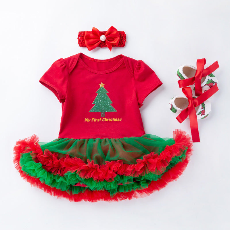 Baby Christmas New Short Sleeve Cartoon Mesh Dress - Amazhona 