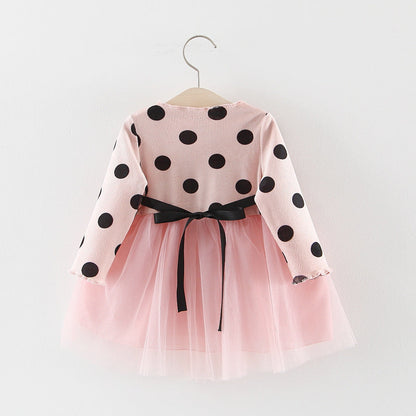 Baby Girl Long Sleeve Polka Dot Waist Flower Mesh  Princess Dress - Amazhona 