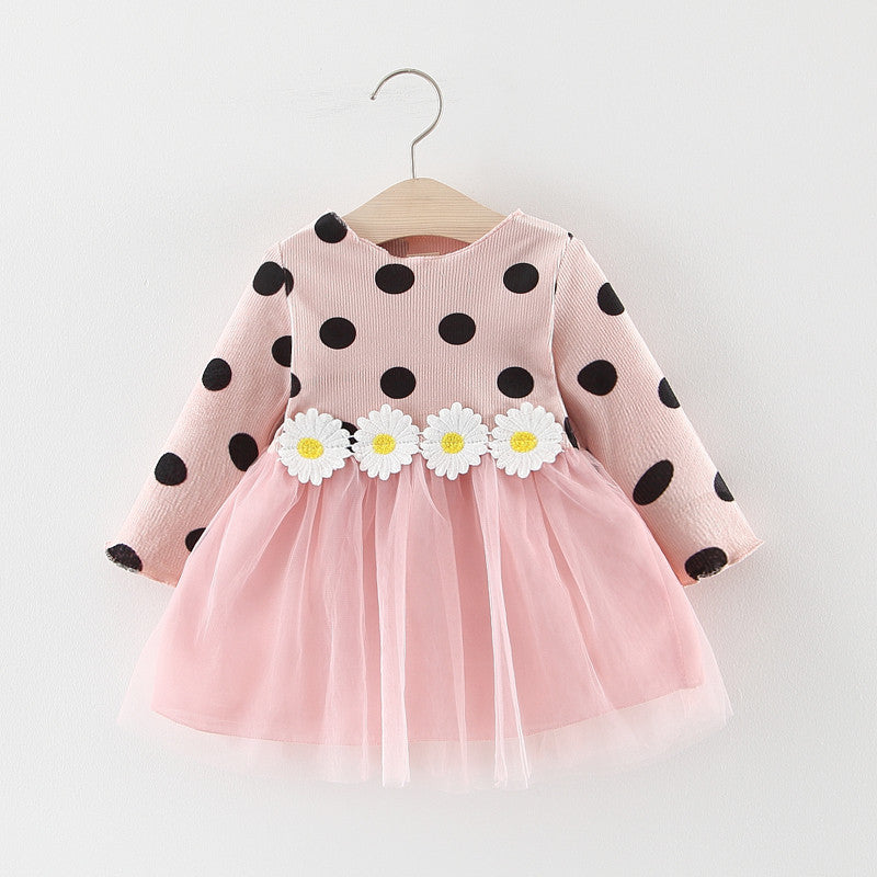 Baby Girl Long Sleeve Polka Dot Waist Flower Mesh  Princess Dress - Amazhona 