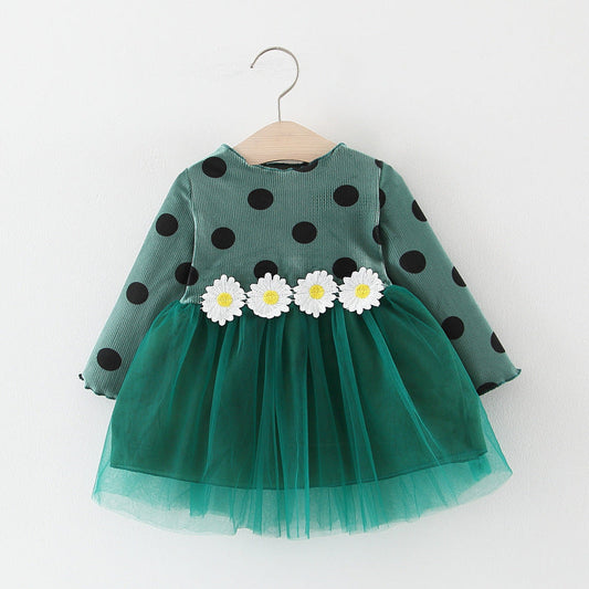 Baby Girl Long Sleeve Polka Dot Waist Flower Mesh  Princess Dress - Amazhona 