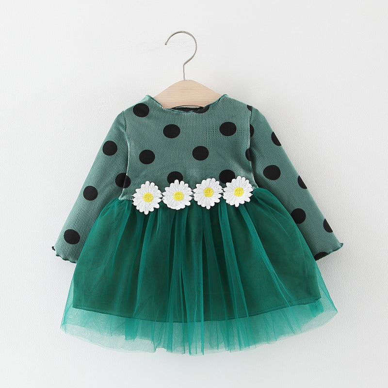 Baby Girl Long Sleeve Polka Dot Waist Flower Mesh  Princess Dress - Amazhona 