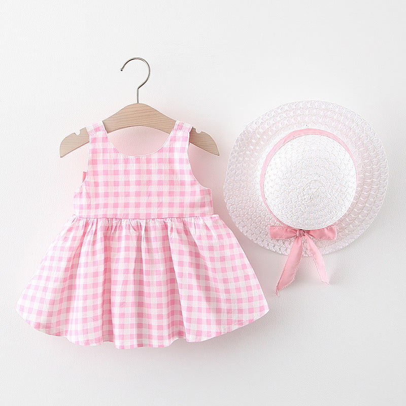 Baby Girl Plaid Skirt Fashion Girl Skirt Free Straw Hat - Amazhona 