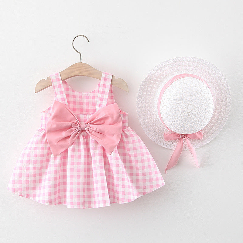 Baby Girl Plaid Skirt Fashion Girl Skirt Free Straw Hat - Amazhona 