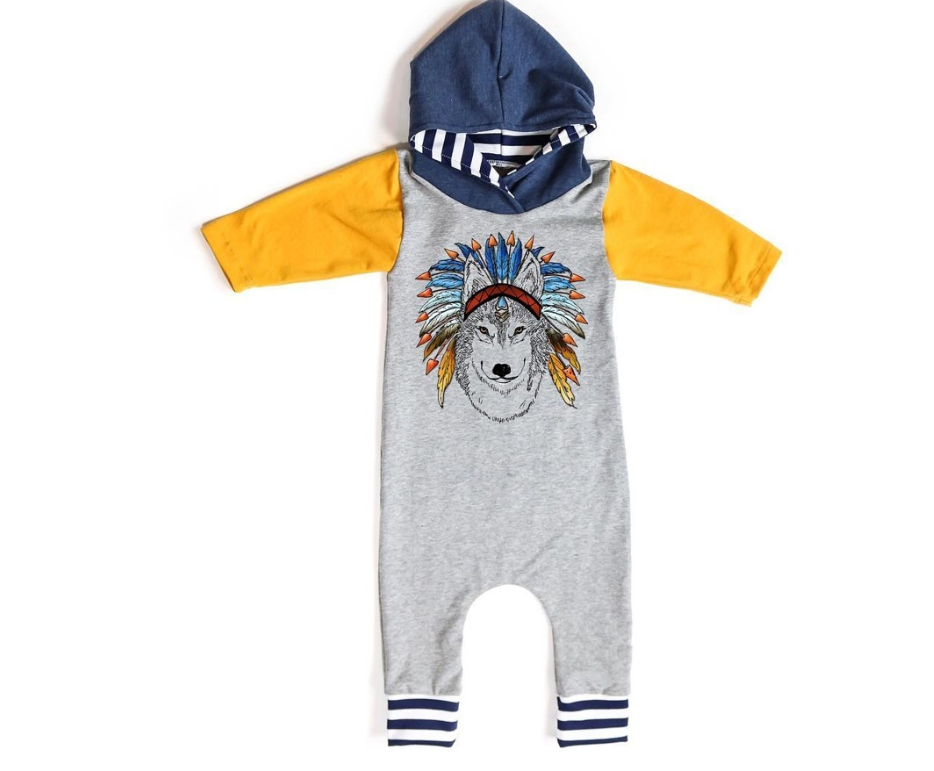 Baby onesies romper infants and children's clothing Indian wolf hooded long-sleeved robe baby clothes - Amazhona 