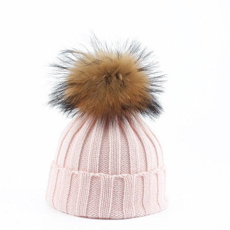 Big Fur Pom pom Beanie Hats Parent Kids Warm Knitted Winter Hat Baby Girls Boys Real Raccoon Fur pompom Beanies Cap - Amazhona 