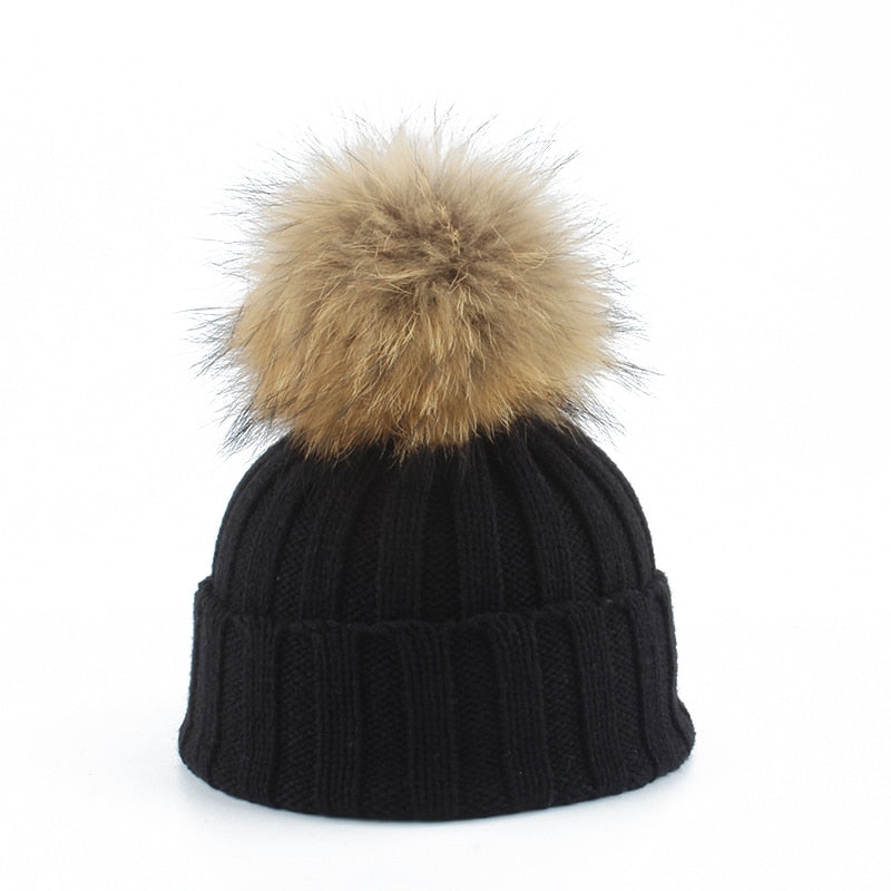 Big Fur Pom pom Beanie Hats Parent Kids Warm Knitted Winter Hat Baby Girls Boys Real Raccoon Fur pompom Beanies Cap - Amazhona 