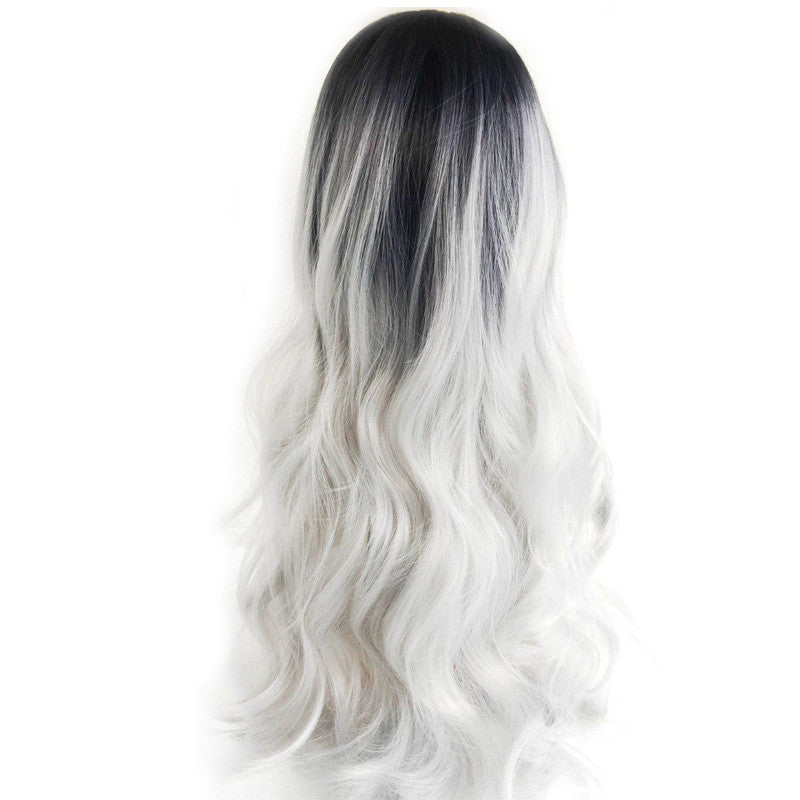 Black silver gray mid-point long curly hair cos fake - Amazhona 