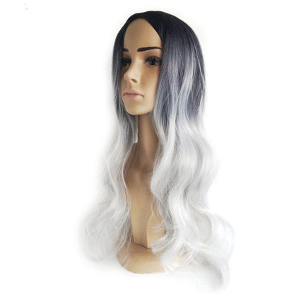 Black silver gray mid-point long curly hair cos fake - Amazhona 