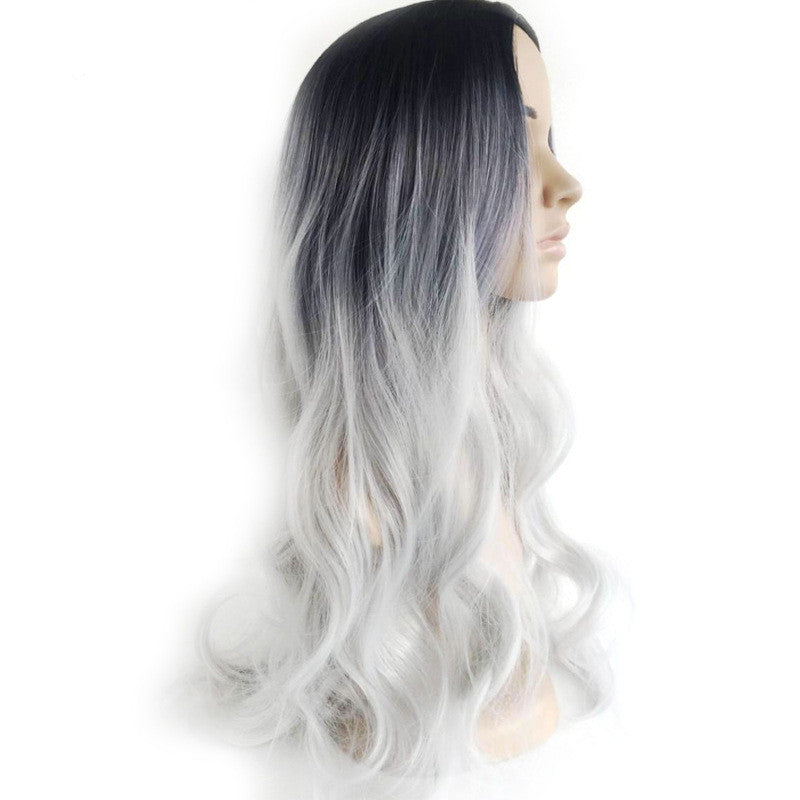 Black silver gray mid-point long curly hair cos fake - Amazhona 