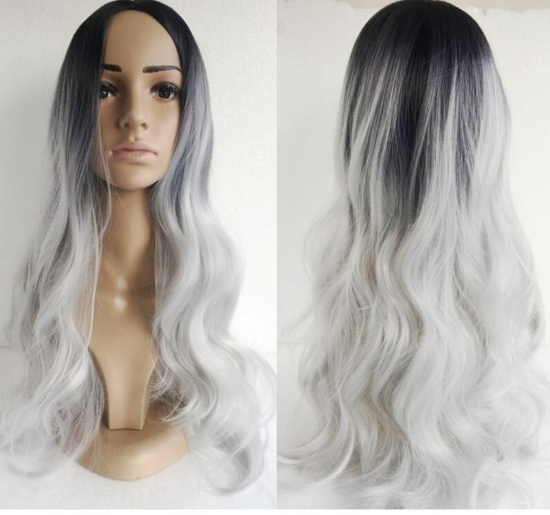 Black silver gray mid-point long curly hair cos fake - Amazhona 