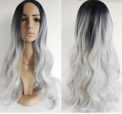 Black silver gray mid-point long curly hair cos fake - Amazhona 