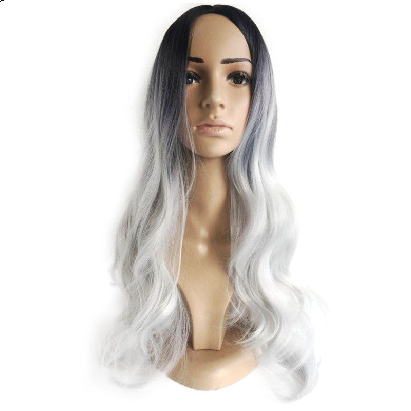 Black silver gray mid-point long curly hair cos fake - Amazhona 