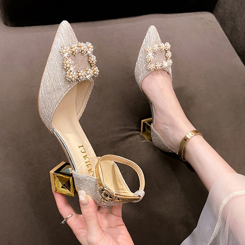 Bling Crystal High Heels Pumps Women Elegant Pearl Buckle Square Heels Wedding Party Shoes Ladies Pointed Toe Ankle Strap Pumps - Amazhona 