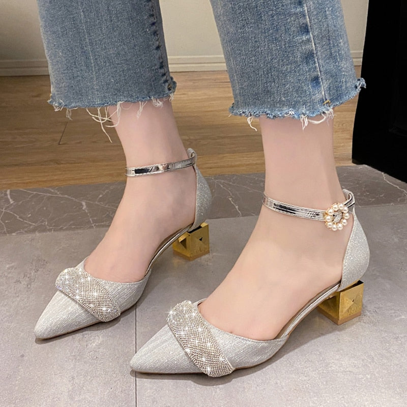 Bling Crystal High Heels Pumps Women Elegant Pearl Buckle Square Heels Wedding Party Shoes Ladies Pointed Toe Ankle Strap Pumps - Amazhona 