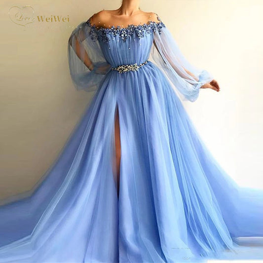 Blue Off The Shoulder Evening Dresses Puff Long Sleeves Appliques Beaded Tulle Split Side Prom Gowns Dresses Woman Party Night - Amazhona 