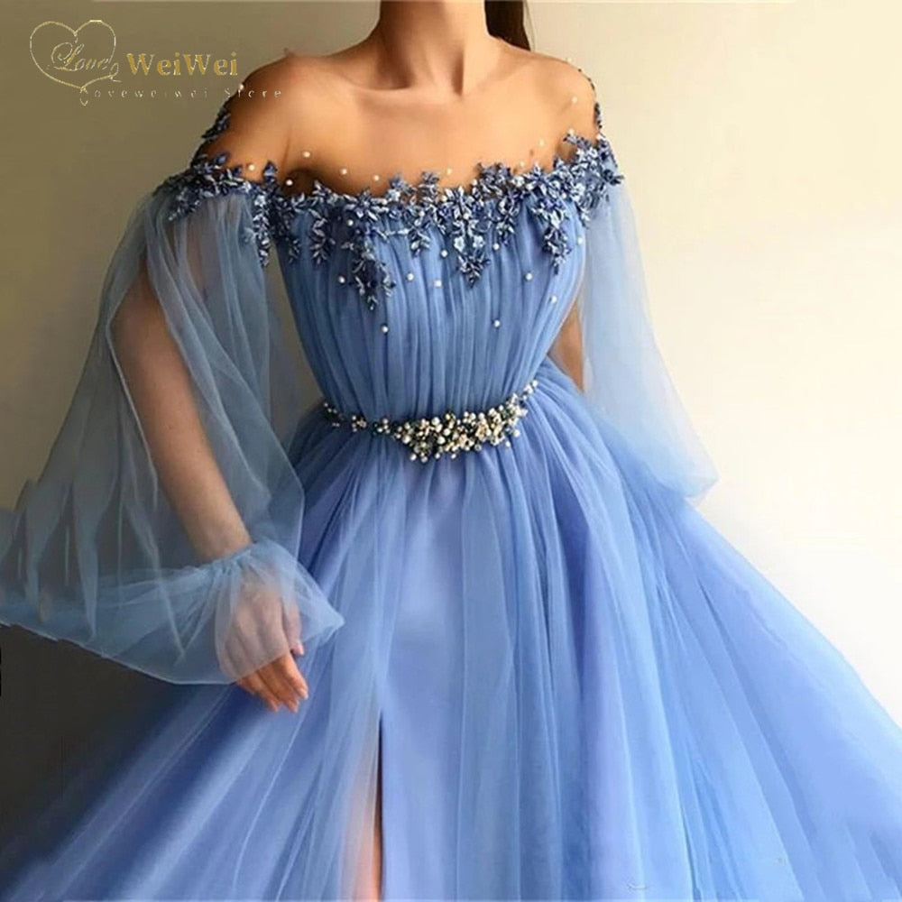 Blue Off The Shoulder Evening Dresses Puff Long Sleeves Appliques Beaded Tulle Split Side Prom Gowns Dresses Woman Party Night - Amazhona 