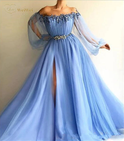 Blue Off The Shoulder Evening Dresses Puff Long Sleeves Appliques Beaded Tulle Split Side Prom Gowns Dresses Woman Party Night - Amazhona 