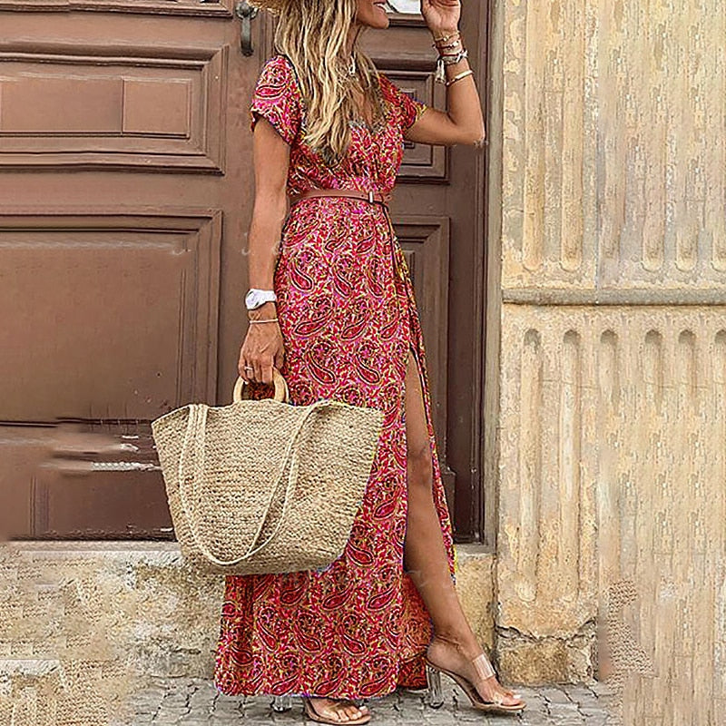 Boho Long Dress for Women Evening 2022 Summer Vestidos de Mujer Dresses Elegant Robe Femme Casual Maxi Short Sleeve Clothing - Amazhona 