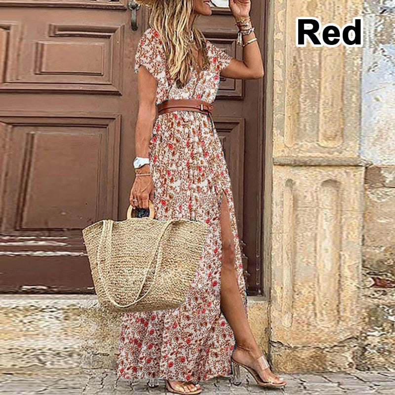 Boho Long Dress for Women Evening 2022 Summer Vestidos de Mujer Dresses Elegant Robe Femme Casual Maxi Short Sleeve Clothing - Amazhona 