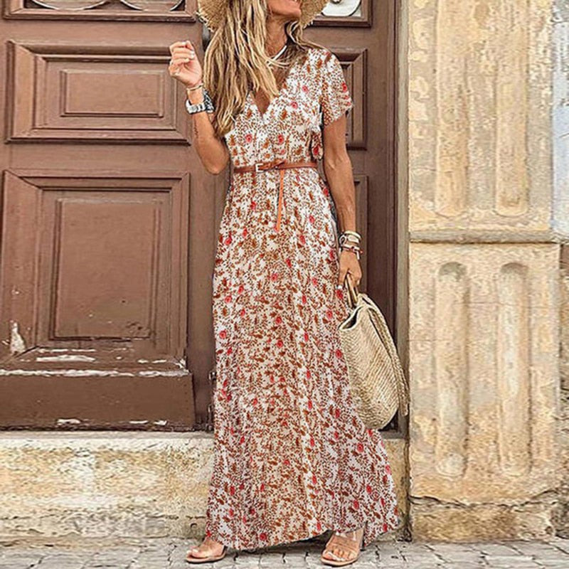 Boho Long Dress for Women Evening 2022 Summer Vestidos de Mujer Dresses Elegant Robe Femme Casual Maxi Short Sleeve Clothing - Amazhona 