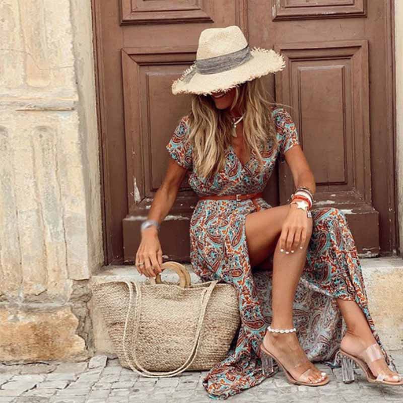 Boho Long Dress for Women Evening 2022 Summer Vestidos de Mujer Dresses Elegant Robe Femme Casual Maxi Short Sleeve Clothing - Amazhona 