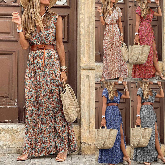 Boho Long Dress for Women Evening 2022 Summer Vestidos de Mujer Dresses Elegant Robe Femme Casual Maxi Short Sleeve Clothing - Amazhona 