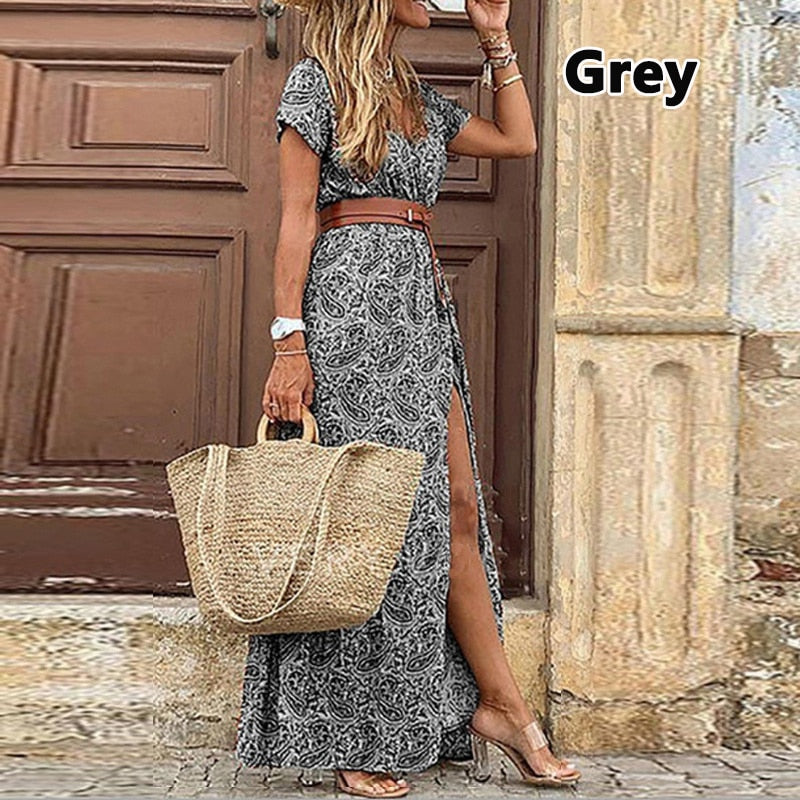 Boho Long Dress for Women Evening 2022 Summer Vestidos de Mujer Dresses Elegant Robe Femme Casual Maxi Short Sleeve Clothing - Amazhona 