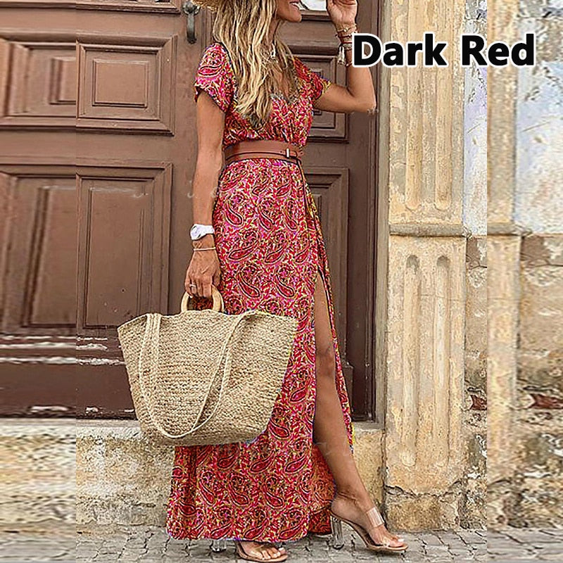 Boho Long Dress for Women Evening 2022 Summer Vestidos de Mujer Dresses Elegant Robe Femme Casual Maxi Short Sleeve Clothing - Amazhona 