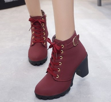 Boots Women Shoes Women Fashion High Heel Lace Up Ankle Boots Ladies Buckle Platform Artificial Leather Shoes bota feminina 2019 - Amazhona 