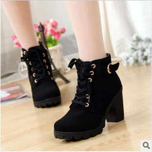 Boots Women Shoes Women Fashion High Heel Lace Up Ankle Boots Ladies Buckle Platform Artificial Leather Shoes bota feminina 2019 - Amazhona 