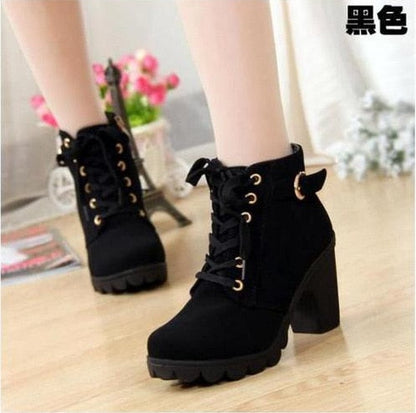 Boots Women Shoes Women Fashion High Heel Lace Up Ankle Boots Ladies Buckle Platform Artificial Leather Shoes bota feminina 2019 - Amazhona 