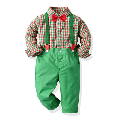 Boy's Long-sleeved Plaid Shirt And Overalls - Amazhona 