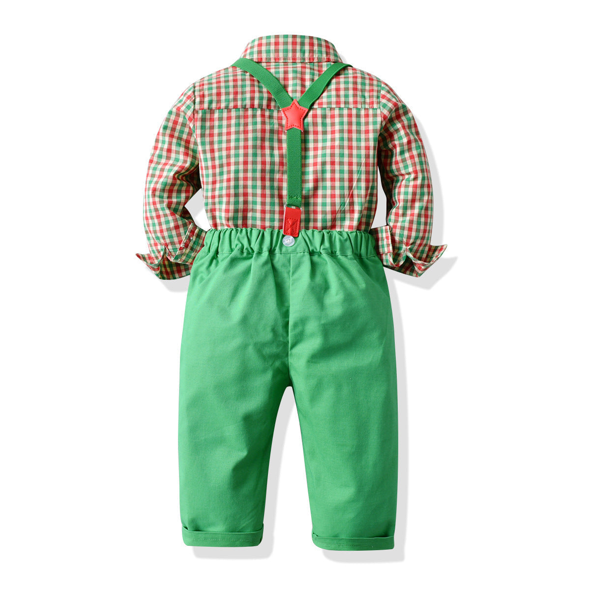 Boy's Long-sleeved Plaid Shirt And Overalls - Amazhona 