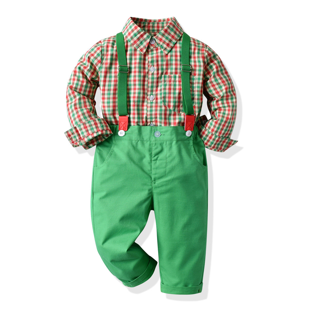 Boy's Long-sleeved Plaid Shirt And Overalls - Amazhona 