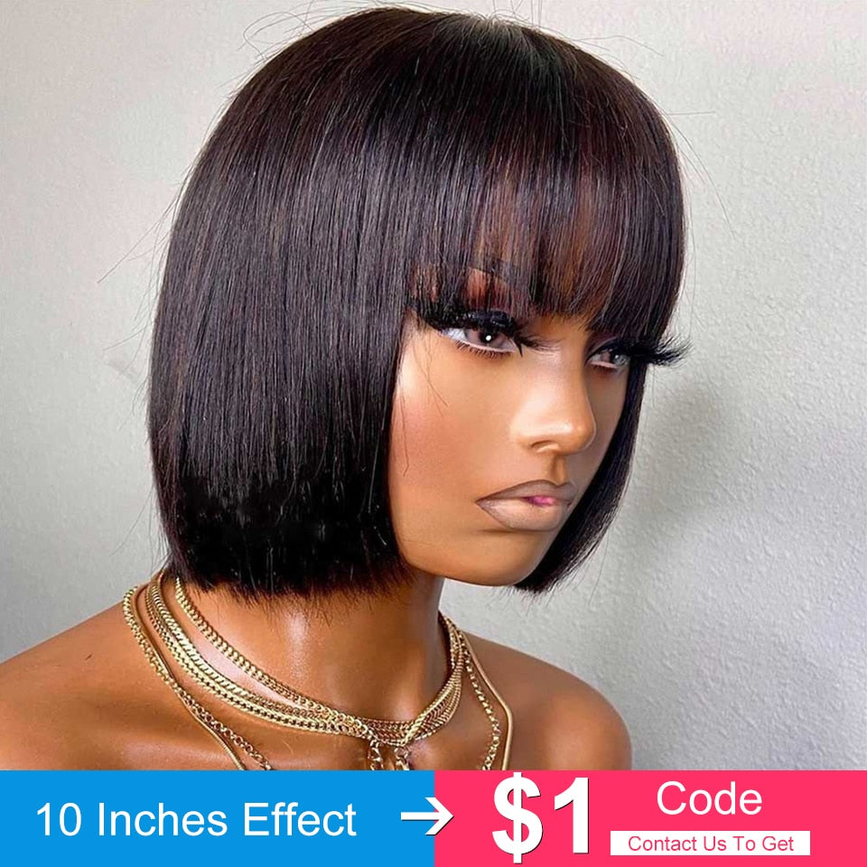 Brazilian Human Hair Wig with Bangs Remy Straight Hair Bob Wigs Full Machine Made Wig for Women 8-16 Inches No Lace Bob Wigs - Amazhona 