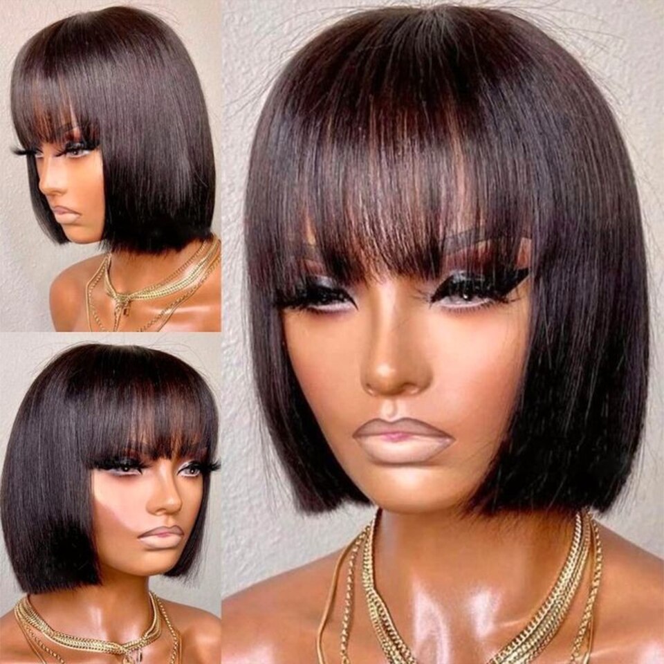 Brazilian Human Hair Wig with Bangs Remy Straight Hair Bob Wigs Full Machine Made Wig for Women 8-16 Inches No Lace Bob Wigs - Amazhona 