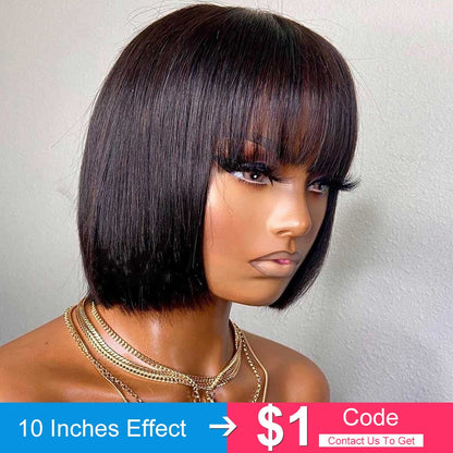 Brazilian Human Hair Wig with Bangs Remy Straight Hair Bob Wigs Full Machine Made Wig for Women 8-16 Inches No Lace Bob Wigs - Amazhona 