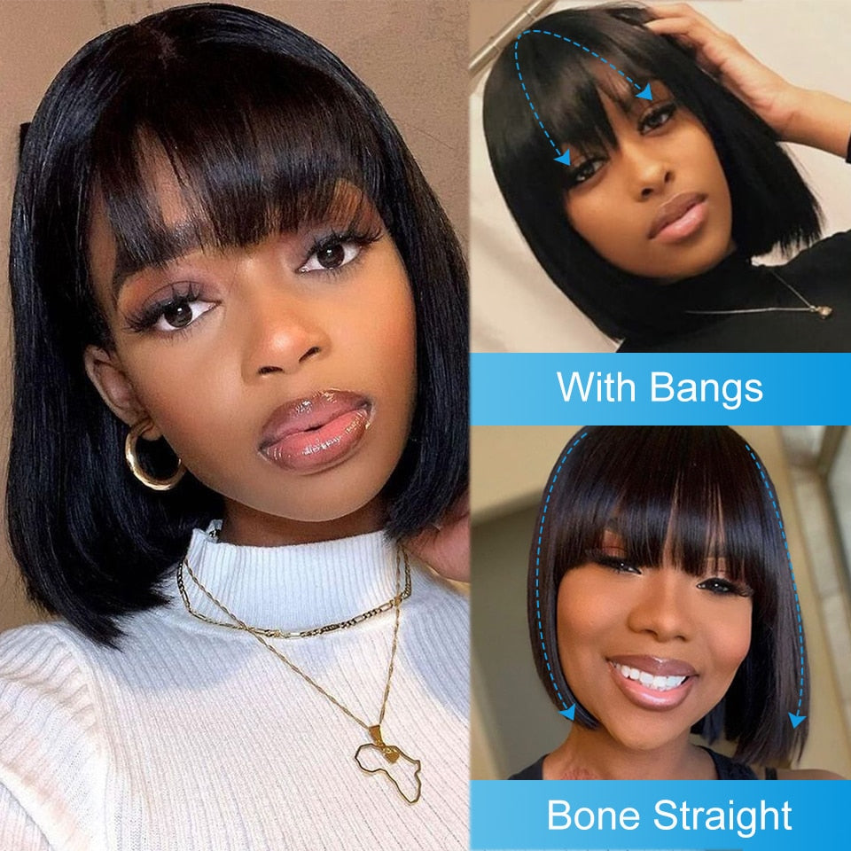 Brazilian Human Hair Wig with Bangs Remy Straight Hair Bob Wigs Full Machine Made Wig for Women 8-16 Inches No Lace Bob Wigs - Amazhona 