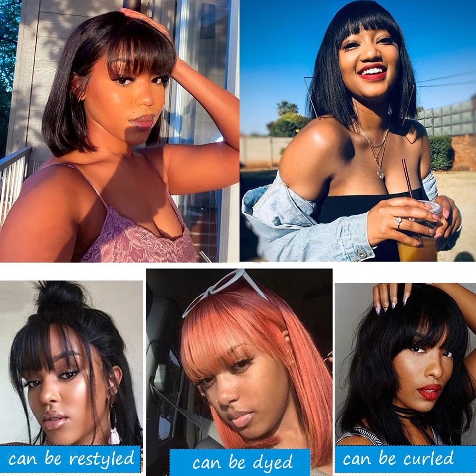 Brazilian Human Hair Wig with Bangs Remy Straight Hair Bob Wigs Full Machine Made Wig for Women 8-16 Inches No Lace Bob Wigs - Amazhona 