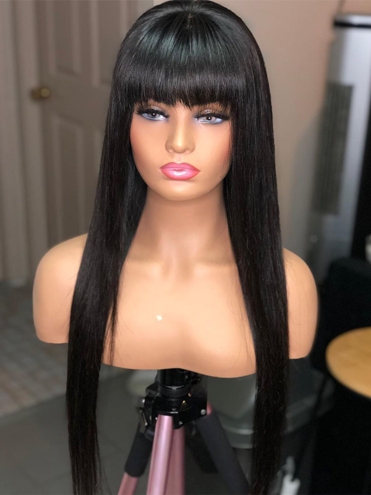 Brazilian Straight Black 100 Real Hair 30Inch Long Bangs Wig - Amazhona 