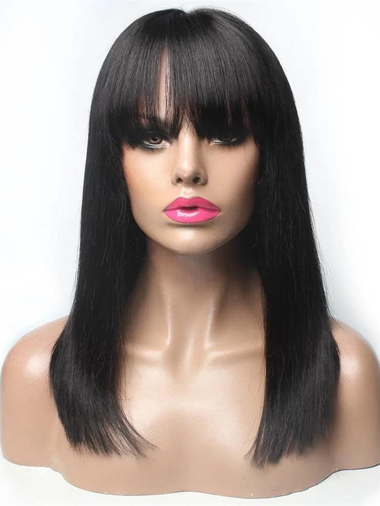 Brazilian Straight Black 100 Real Hair 30Inch Long Bangs Wig - Amazhona 