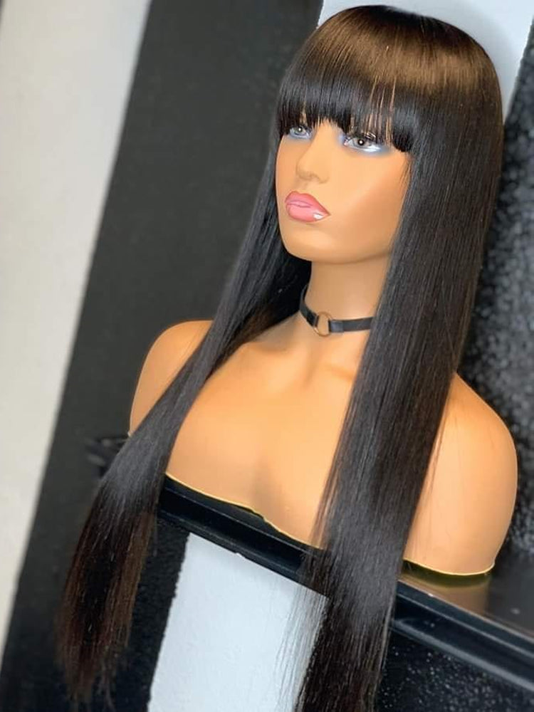 Brazilian Straight Black 100 Real Hair 30Inch Long Bangs Wig - Amazhona 