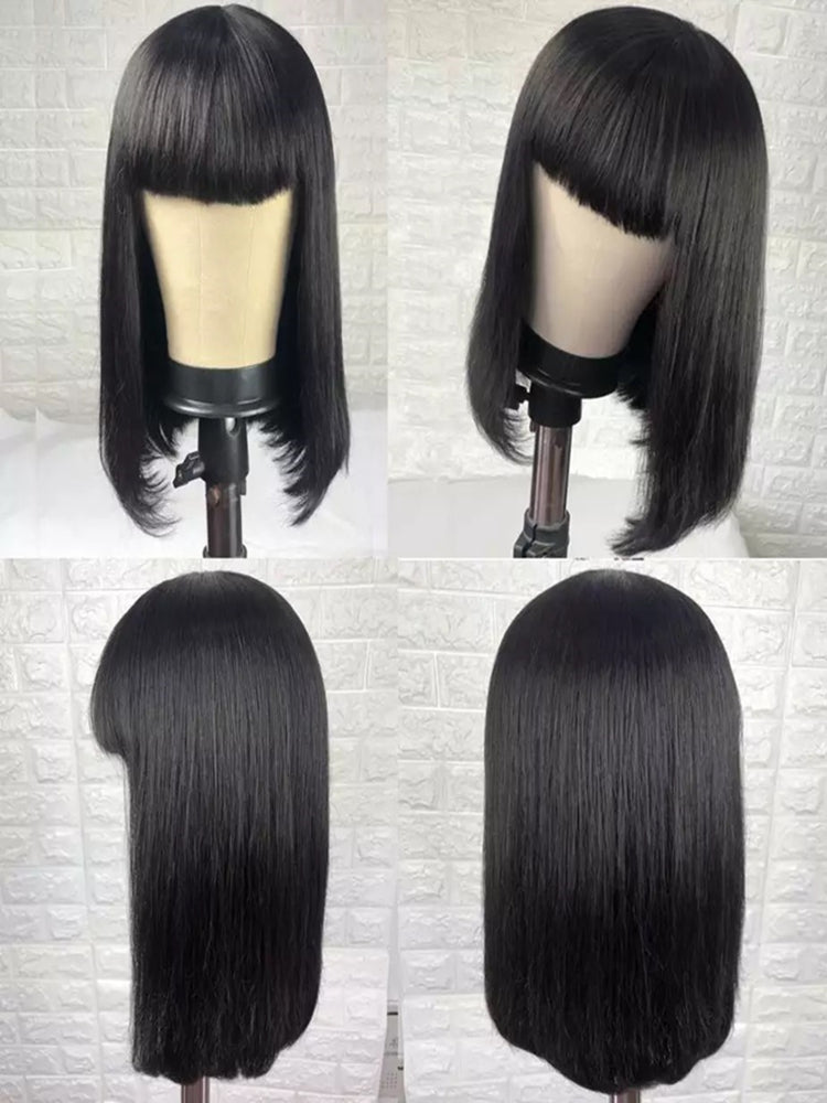 Brazilian Straight Black 100 Real Hair 30Inch Long Bangs Wig - Amazhona 