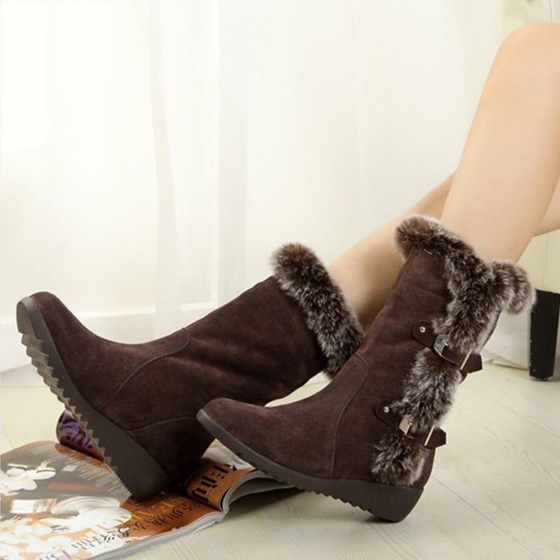 Brown New Winter Women Casual Warm Fur Mid-Calf Boots Shoes Women Slip-On Round Toe Flats Snow Boots Shoes - Amazhona 