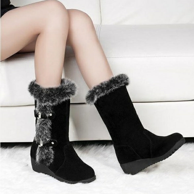 Brown New Winter Women Casual Warm Fur Mid-Calf Boots Shoes Women Slip-On Round Toe Flats Snow Boots Shoes - Amazhona 