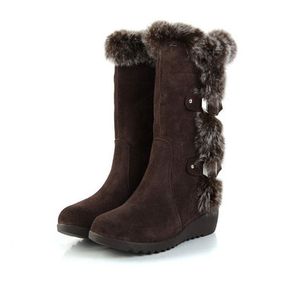 Brown New Winter Women Casual Warm Fur Mid-Calf Boots Shoes Women Slip-On Round Toe Flats Snow Boots Shoes - Amazhona 