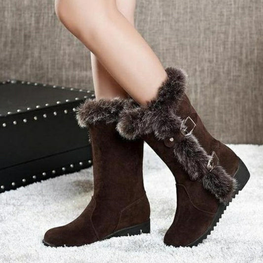 Brown New Winter Women Casual Warm Fur Mid-Calf Boots Shoes Women Slip-On Round Toe Flats Snow Boots Shoes - Amazhona 