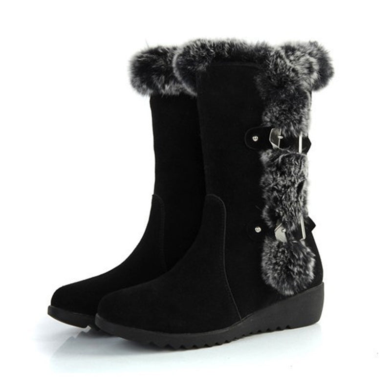 Brown New Winter Women Casual Warm Fur Mid-Calf Boots Shoes Women Slip-On Round Toe Flats Snow Boots Shoes - Amazhona 