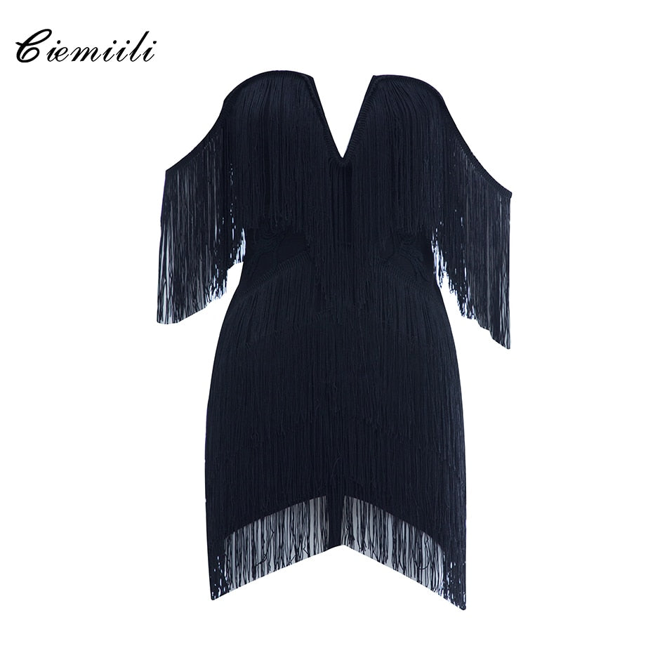 CIEMIILI 2022 Women Fashion Tassel Bandage Dress Sexy V Neck Off Shoulder Bodycon Nightclub Celebrity Female Party Mini Dresses - Amazhona 