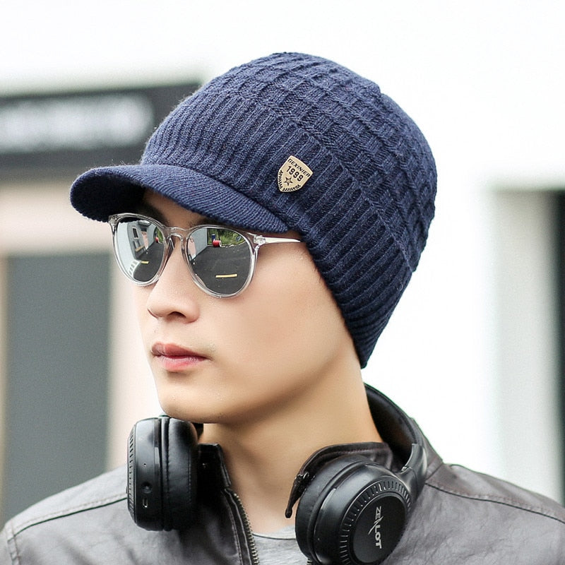 Caps Visor Hat Men Knitted Wool Winter Hats With Visor Cap Mens New Arrival - Amazhona 